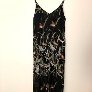 Jumpsuit with birds, dragonflies and lush foliage